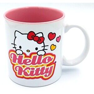 Large 20oz Hello Kitty Coffee Mug Cup Pink Glitter Lettering Hearts Sanrio